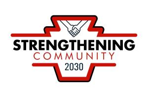 Strengthening Community 2030 Logo-black &amp; red with handshake image