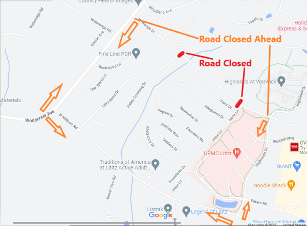 West Woods Drive closure &amp; detour map